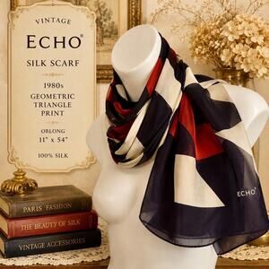 Vintage Echo Silk Scarf 1980s Geometric Triangle Print Red Black Cream 11x54